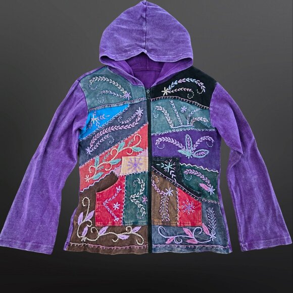 Vintage 90s Patchwork Embroidered Hoodie Size M Boho Hippie Fairy Grunge - Picture 1 of 9